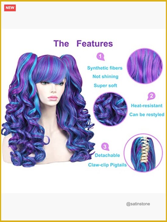 Long Curly Cosplay Wig with 2 Detachable Ponytails, Heat Resistant main image 5
